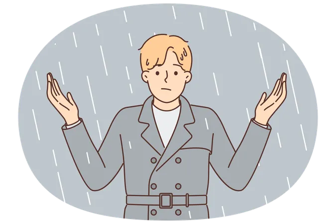 Mann steht im Regen und breitet die Arme aus, gestresst, weil er keinen Regenschirm und kein Dach über dem Kopf hat  Illustration