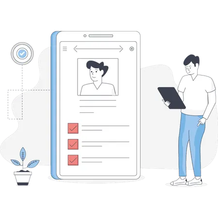 Mann steht neben einem Telefon, auf dem das Profil einer Person angezeigt wird, was auf ein Gespräch oder eine Verbindung hinweist  Illustration
