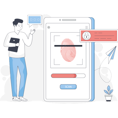 Mann steht neben einem Telefon, auf dem ein Fingerabdruck angezeigt wird, der auf eine mögliche biometrische Sicherheitsnutzung hinweist  Illustration