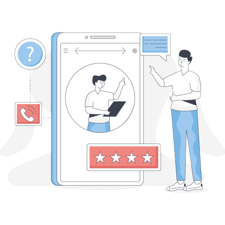 Mann steht neben einem Telefon mit einem Fragezeichen, das auf Nachfrage oder Unsicherheit hindeutet  Illustration