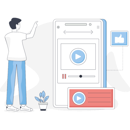 Mann steht neben einem Telefon, auf dem ein Video angezeigt wird, und schaut sich den Inhalt auf dem Bildschirm an  Illustration