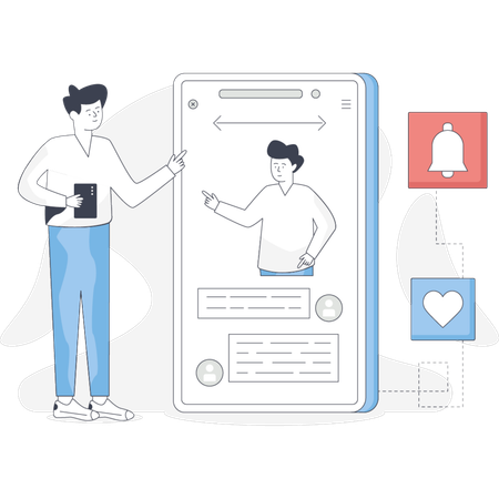 Mann steht neben einem Telefon, auf dem eine Person mit einem Herz zu sehen ist, das Verbundenheit und Zuneigung symbolisiert  Illustration