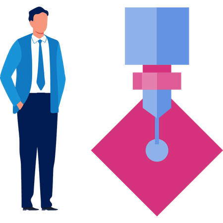 Mann steht neben einer Maschine zur additiven Fertigung  Illustration