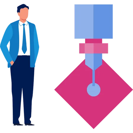 Mann steht neben einer Maschine zur additiven Fertigung  Illustration