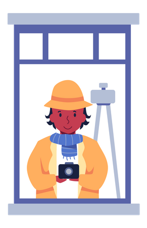 Mann steht neben Fenster und hält Kamera  Illustration