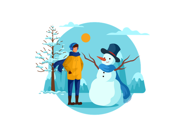 Mann steht neben Schneemann  Illustration