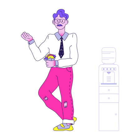 Mann steht neben Wasserspender und hält Burger  Illustration