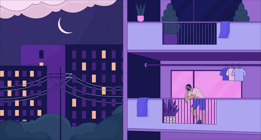 Mann steht spät in der Nacht auf dem Balkon  Illustration