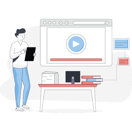 Der Mann steht vor einem Computerbildschirm, auf dem ein Video aktiv abgespielt wird und sich mit den visuellen Elementen beschäftigt  Illustration