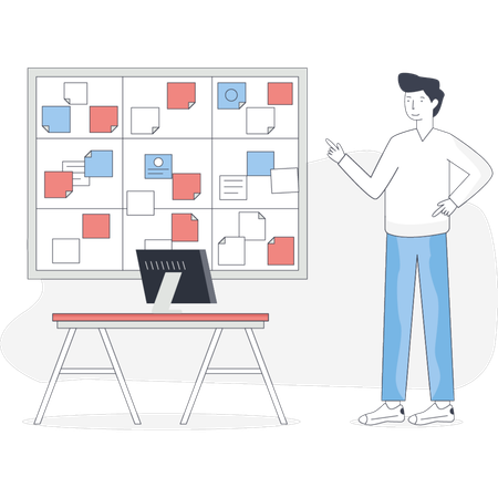 Mann steht vor einem Whiteboard, das mit mehreren Quadraten bedeckt ist, die wahrscheinlich Daten oder eine Projektübersicht darstellen  Illustration