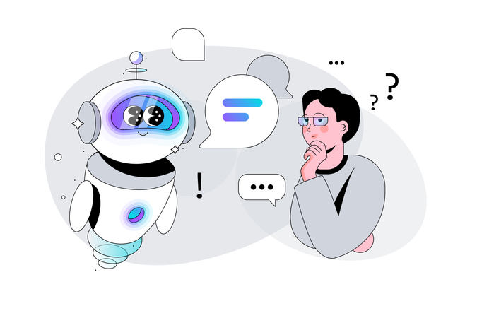 Mann stellt einem Bot mit künstlicher Intelligenz eine Frage  Illustration