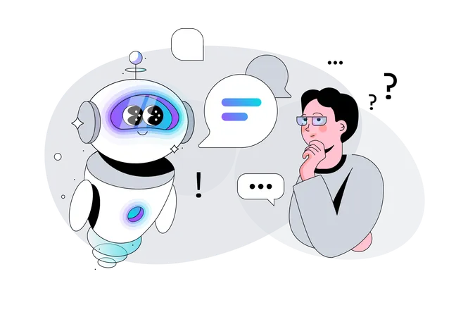Mann stellt einem Bot mit künstlicher Intelligenz eine Frage  Illustration