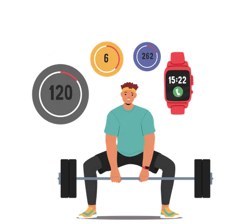 Mann hebt Gewichte und überwacht dabei seine Fitnesswerte mit einer Smartwatch  Illustration