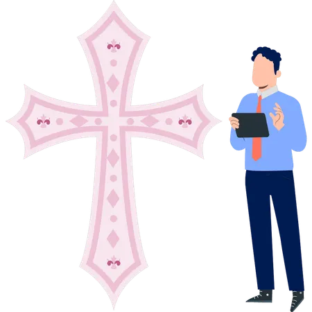 Mann sucht christliches Kreuz Clipart  Illustration
