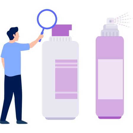Mann sucht Desinfektionsmittelflasche  Illustration