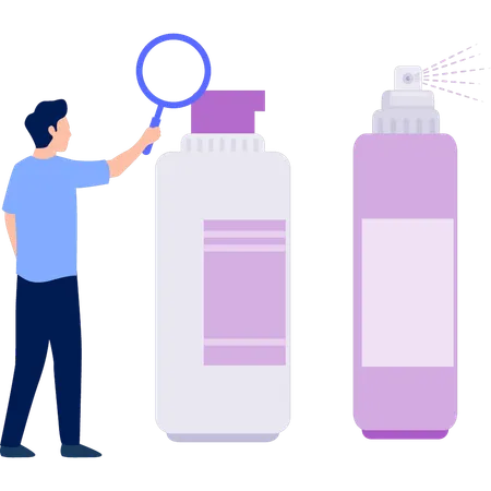 Mann sucht Desinfektionsmittelflasche  Illustration