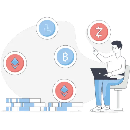 Mann sucht Kryptomünzen  Illustration