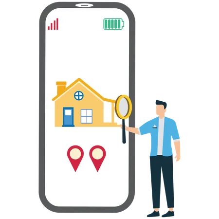 Mann sucht online nach Hause auf Smartphone  Illustration