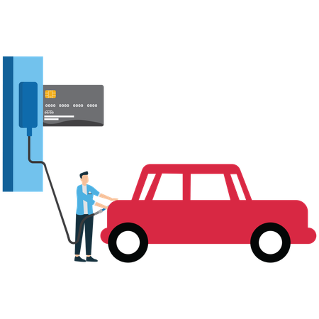 Mann tankt Kraftstoff in Auto, während er an Tankstelle mit Karte bezahlt  Illustration
