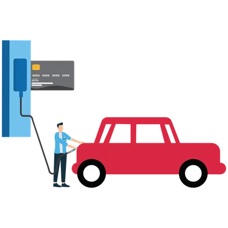 Mann tankt Kraftstoff in Auto, während er an Tankstelle mit Karte bezahlt  Illustration