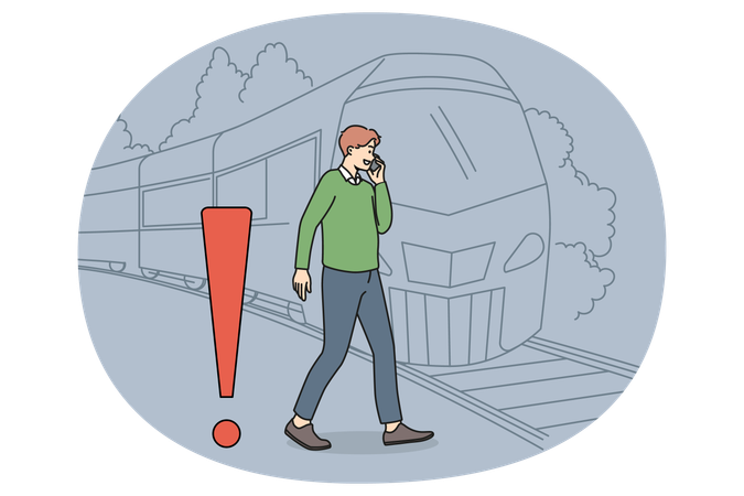 Mann telefoniert und ignoriert Sicherheitsvorschriften auf Bahngleisen  Illustration