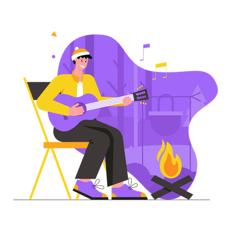 Tourist spielt Gitarre und singt Lieder am Lagerfeuer  Illustration