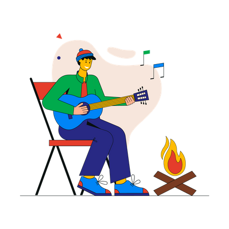 Tourist spielt Gitarre und singt Lieder am Lagerfeuer  Illustration