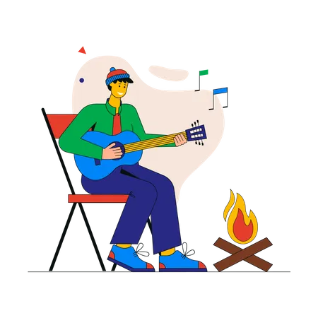 Tourist spielt Gitarre und singt Lieder am Lagerfeuer  Illustration