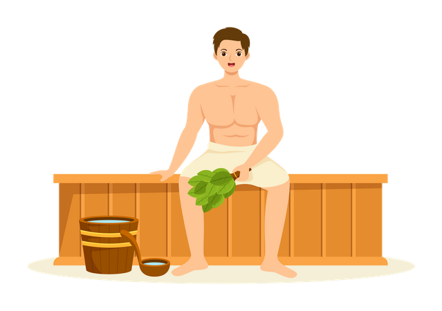Mann trägt Badetuch und heißer Dampf in der Sauna  Illustration