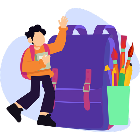 Mann trägt einen Rucksack voller Schulsachen und geht selbstbewusst eine sonnige Straße entlang  Illustration