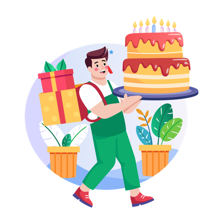Mann trägt Geburtstagstorte  Illustration
