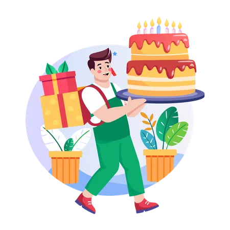 Mann trägt Geburtstagstorte  Illustration