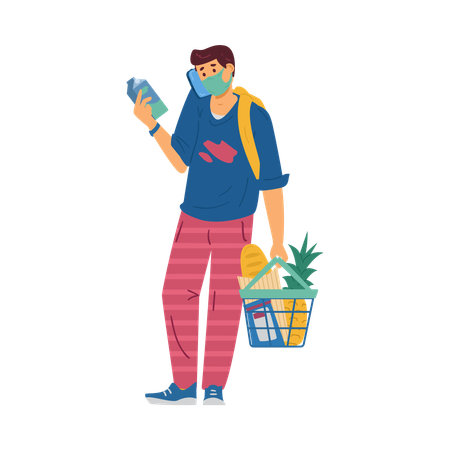 Mann mit medizinischer Maske im Supermarkt  Illustration