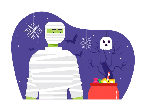 Mann trägt Mumienkostüm in Halloween-Party  Illustration