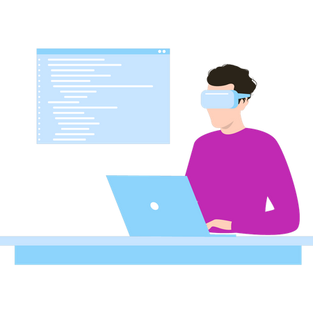 Mann trägt VR-Brille und arbeitet an seinem Laptop an der Softwareprogrammierung  Illustration