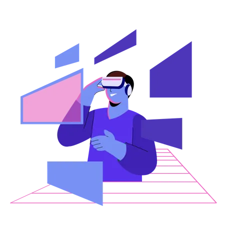 Mann mit VR-Brille erlebt Metaversum  Illustration