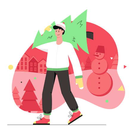 Mann trägt Weihnachtsbaum  Illustration