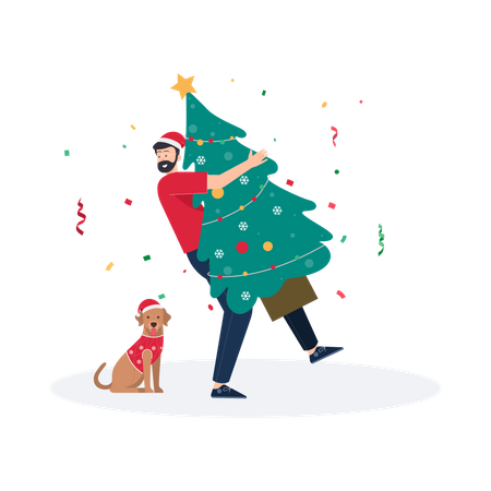 Mann trägt Weihnachtsbaum  Illustration
