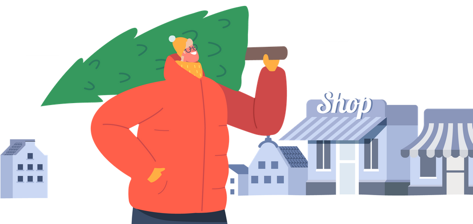 Mann trägt Weihnachtsbaum  Illustration