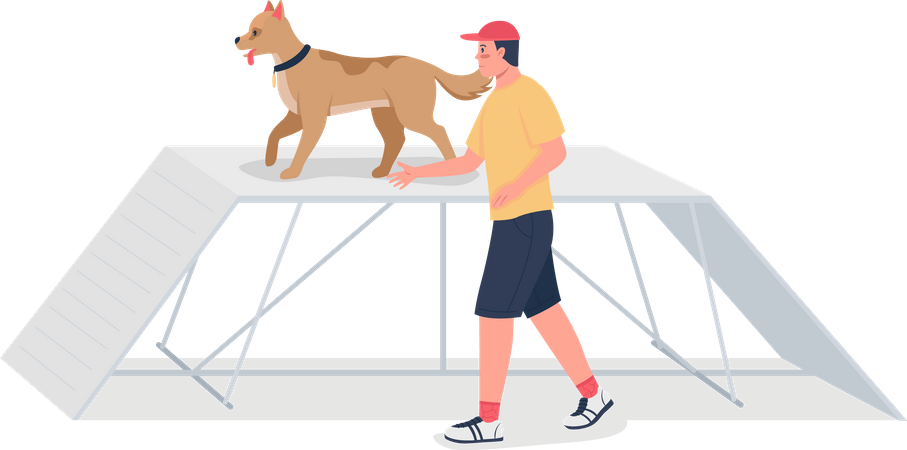 Mann trainiert Hund auf Hindernisparcours  Illustration