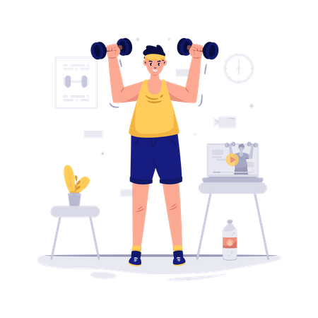 Mann macht Workout und sieht sich zu Hause ein Video an  Illustration