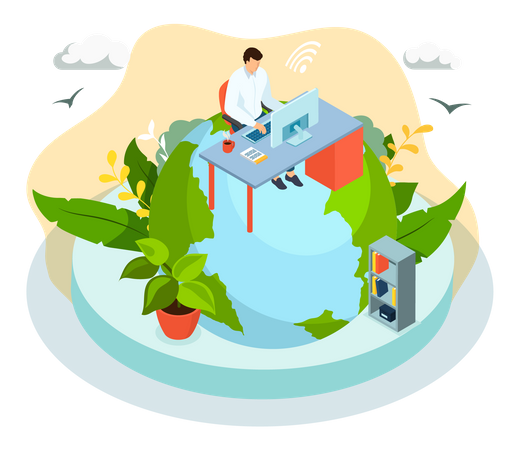 Mann trifft sich online per Telefonkonferenz  Illustration