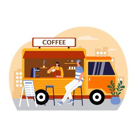Mann trinkt Kaffee am Kaffeewagen  Illustration