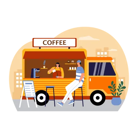 Mann trinkt Kaffee am Kaffeewagen  Illustration