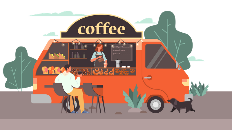 Mann trinkt Kaffee im mobilen Café  Illustration