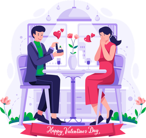 Mann überreicht seiner Freundin einen Verlobungsring und macht ihr einen Heiratsantrag  Illustration
