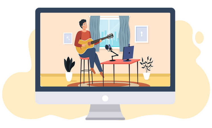 Mann übt online Gitarre  Illustration
