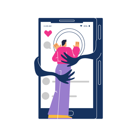 Mann umarmt Smartphone trotz Social-Media-Sucht  Illustration