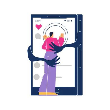 Mann umarmt Smartphone trotz Social-Media-Sucht  Illustration