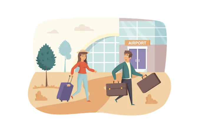 Reisender Mann und Frau mit Gepäck betreten den Flughafen  Illustration